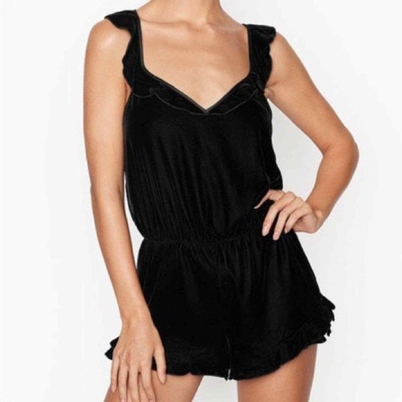 Victoria's Secret Other - Victoria's Secret Black Velvety Ruffle Trim Romper Size M